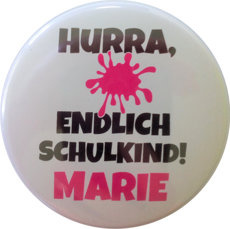 Button Schulkind mit Namen - Hurra endlich Schulkind pink